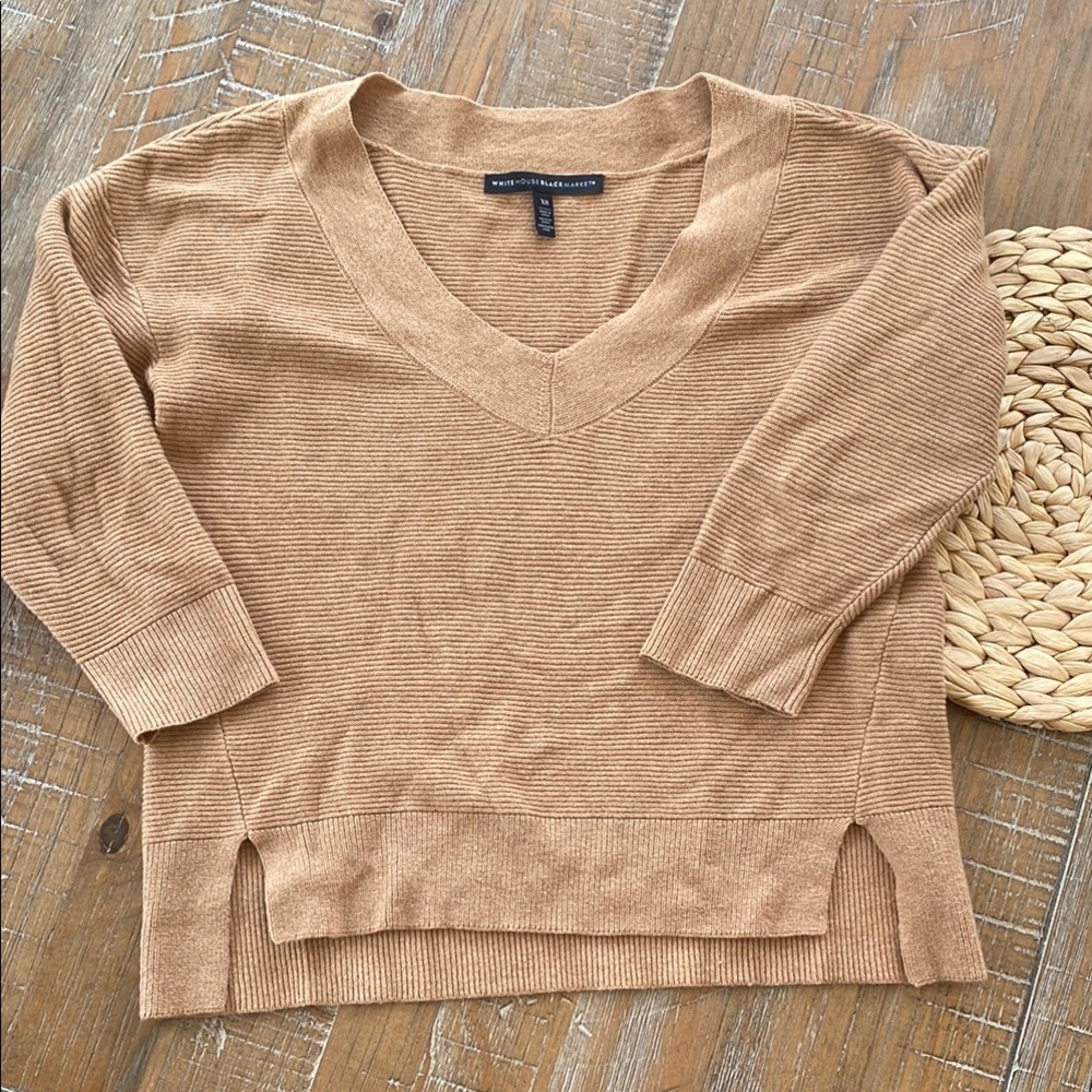 White House Black Market Tan V-Neck Sweater with Side Slits